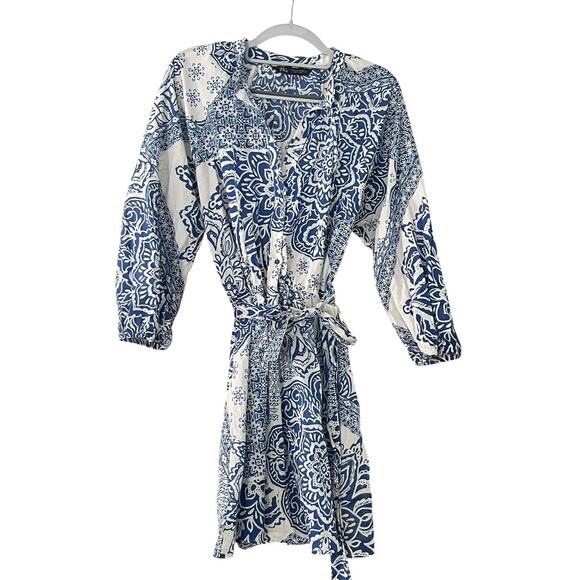 ZARA Belted Long Sleeve Mini Shirt Dress •L• Blue & White Flora Blogger Fave - Picture 3 of 10